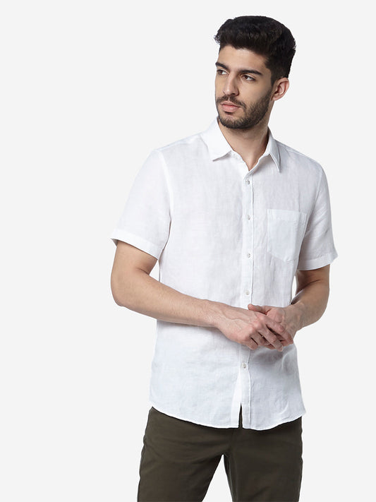 WES Casuals White Slim Fit Blended Linen Shirt