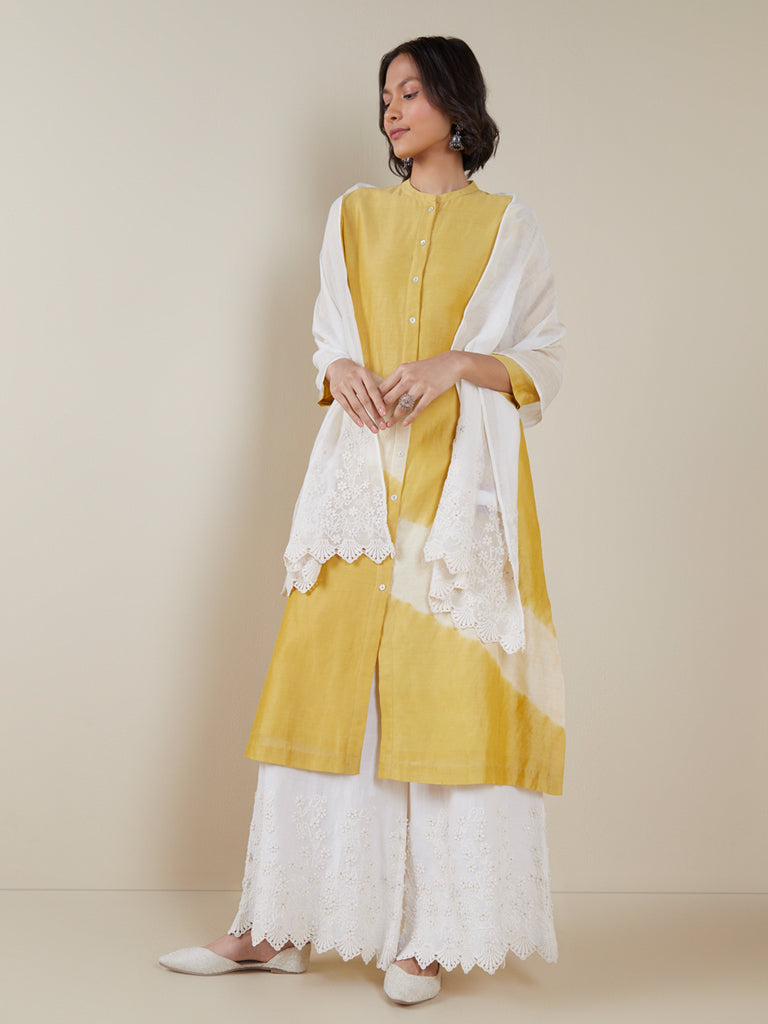 Zuba Off-White Silk Blend Embroidered Cotton Blend Stole