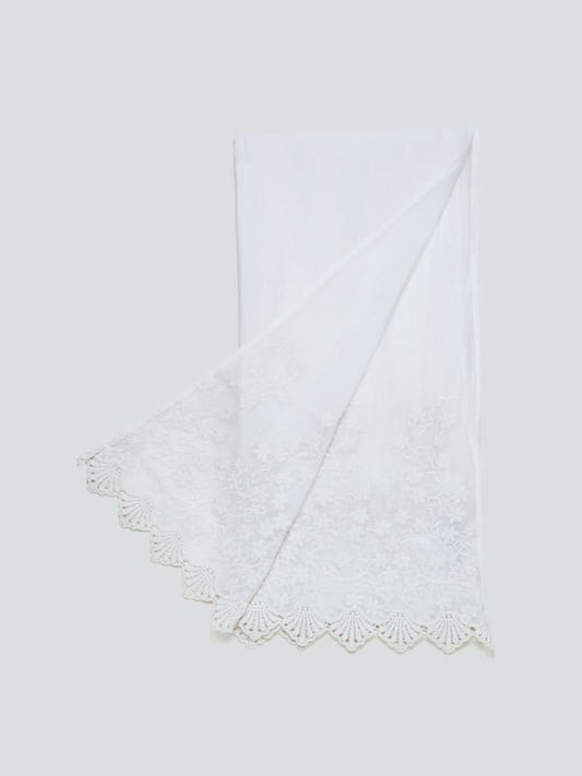 Zuba Off-White Silk Blend Embroidered Cotton Blend Stole