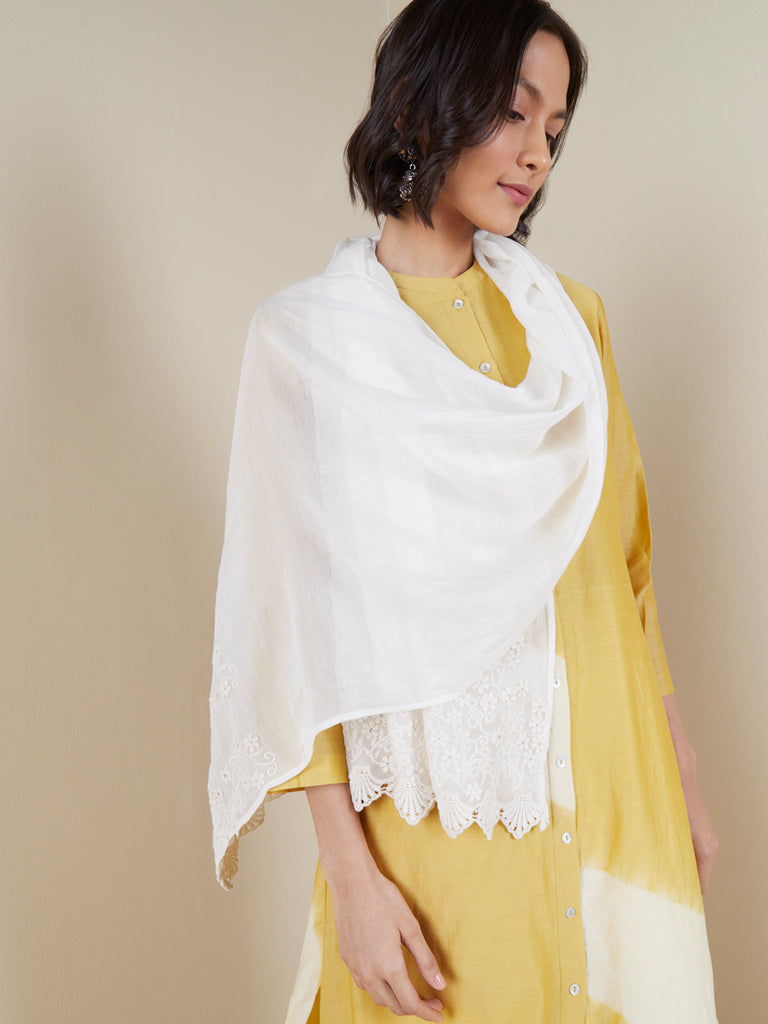 Zuba Off-White Silk Blend Embroidered Cotton Blend Stole