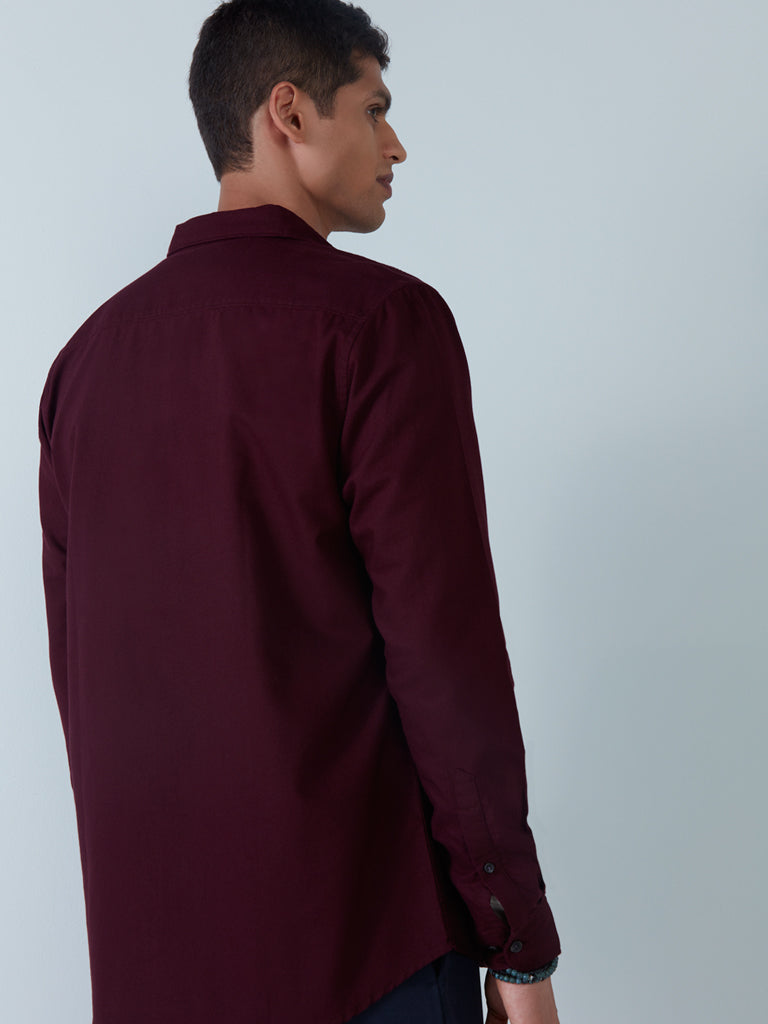 WES Casuals Wine Cotton Slim-Fit Shirt