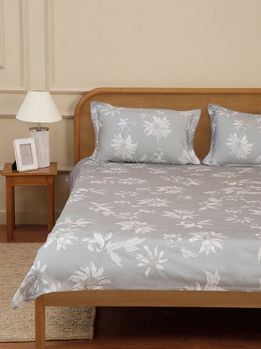 Westside Home Grey Tonal Flower Printed King Bed Flat sheet and Pillowcase Set