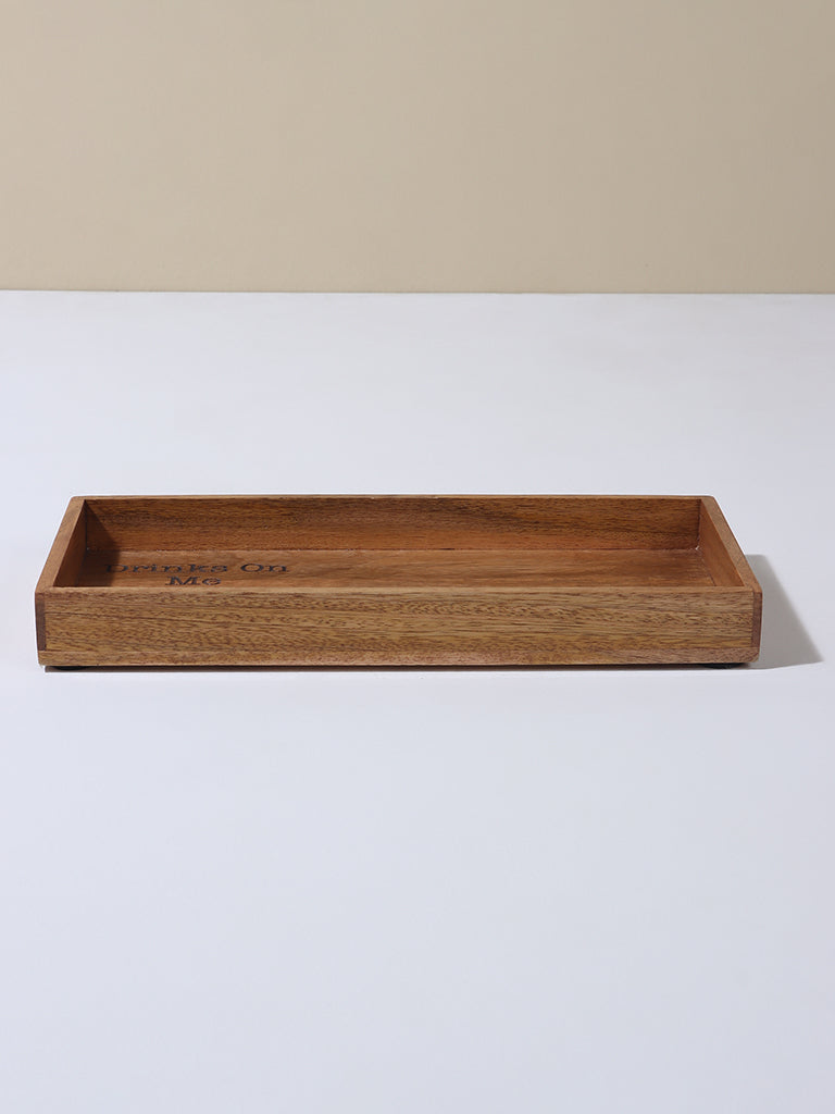 Westside Home Natural Wood Rectangular Shaped Tray- Lettering Drinks on Me