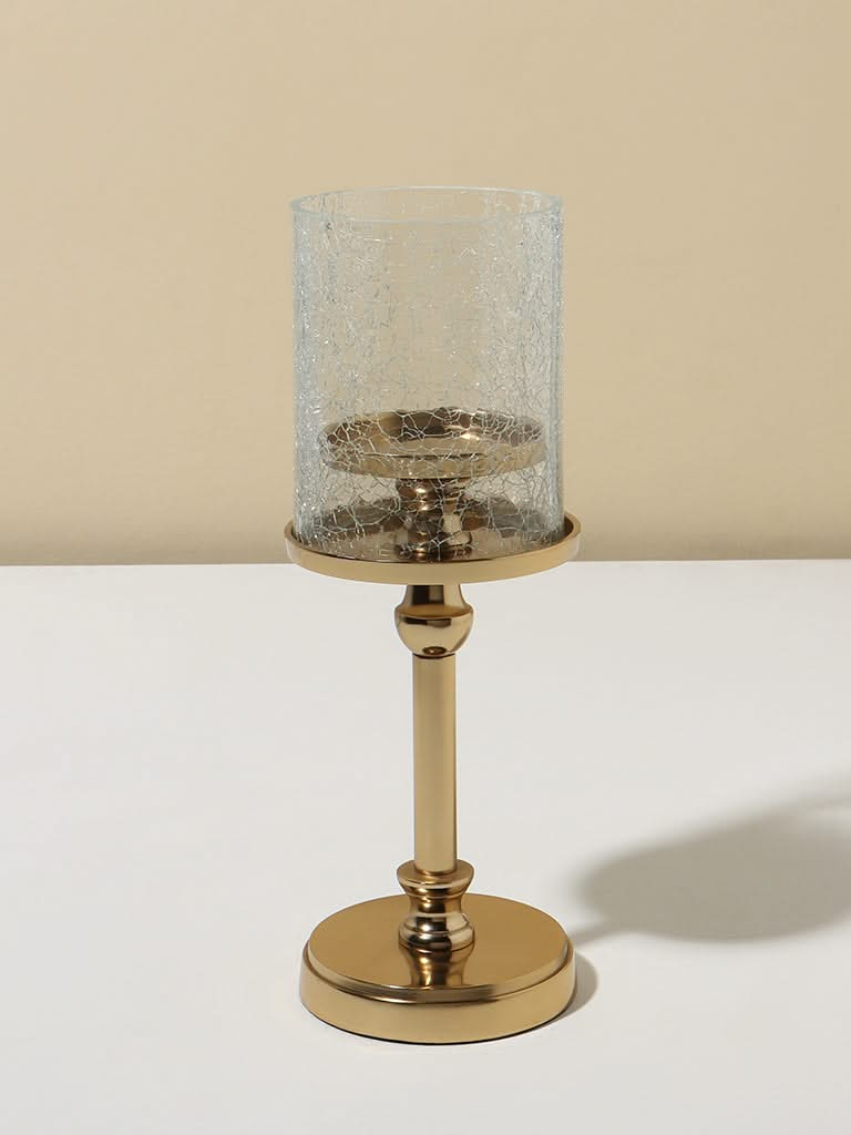 Westside Home Gold Tone Base Metal with Lily Crackled Glass Candle Holder Small