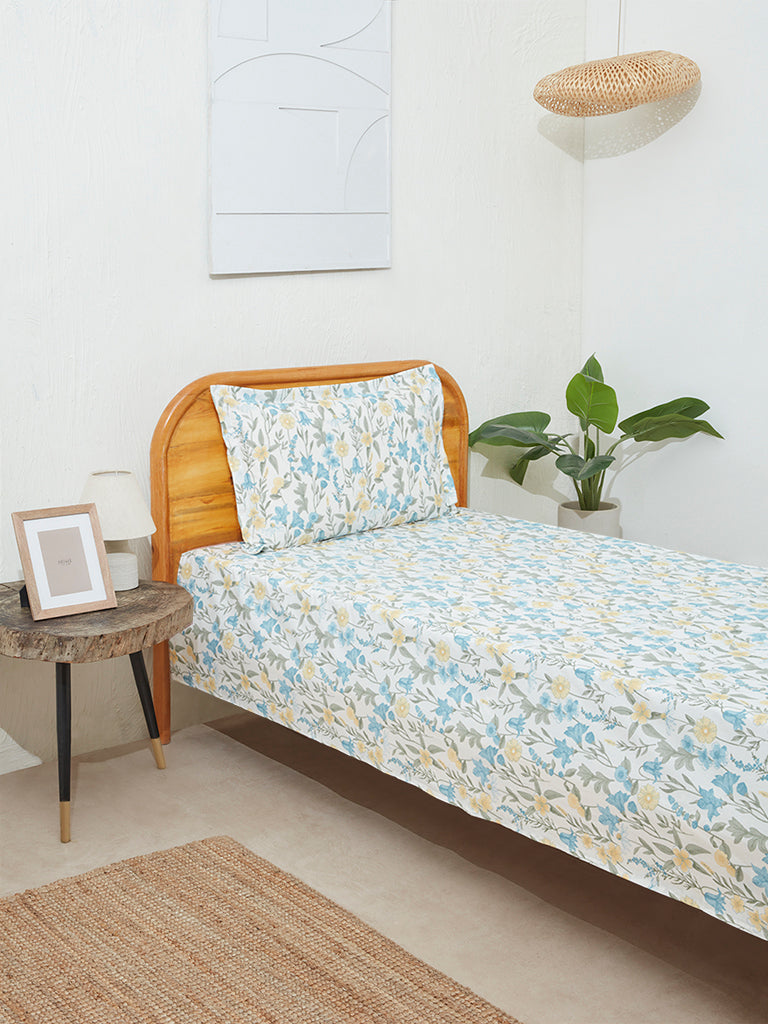 Westside Home Aqua Floral Print Single Bed Flat Sheet and Pillowcase Set