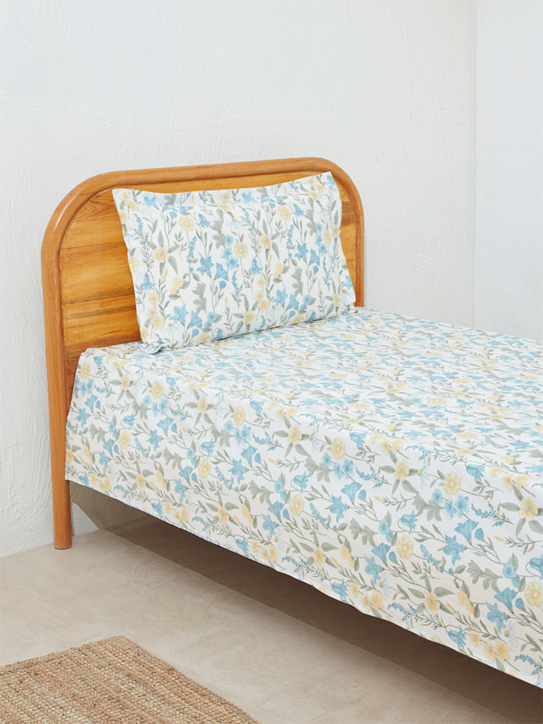 Westside Home Aqua Floral Print Single Bed Flat Sheet and Pillowcase Set