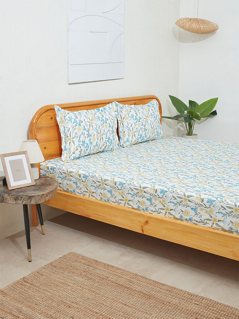 Westside Home Aqua Floral Print Double Bed Flat Sheet and Pillowcase Set