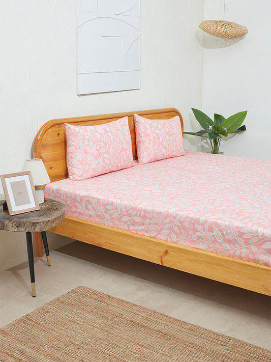 Westside Home Dusty Peach Leaf Design Double Bed Flat Sheet and Pillowcase Set