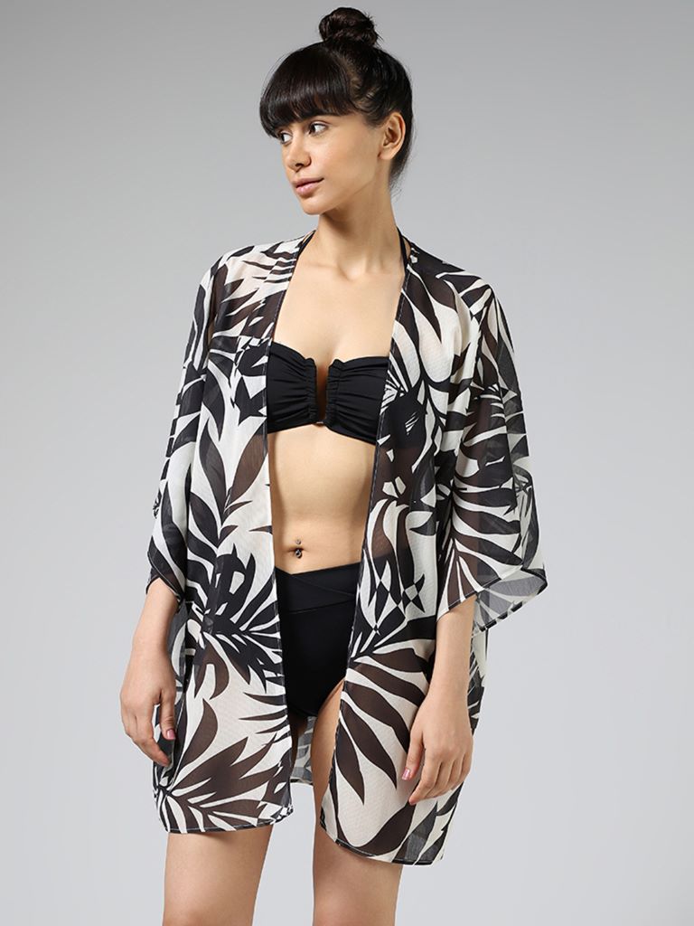 Wunderlove Black and White Tropical Printed Swimwear Cotton Cover-Up Dress