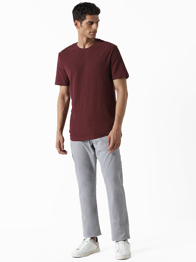 WES Casuals Plain Wine Cotton Slim-Fit T-Shirt