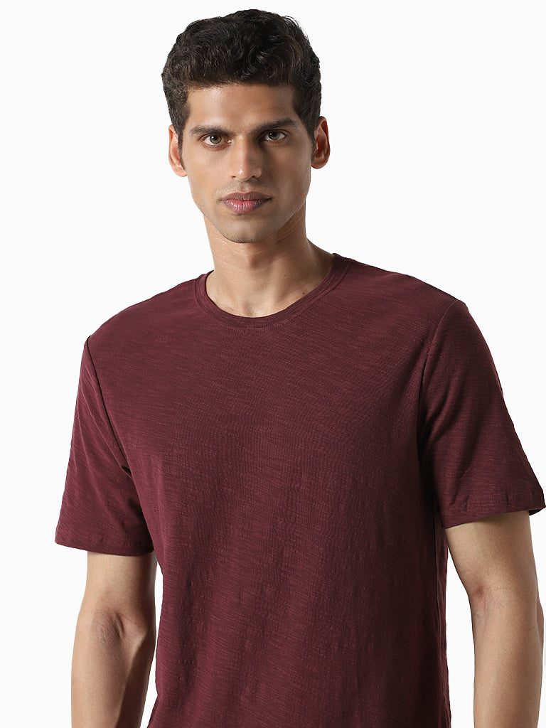 WES Casuals Plain Wine Cotton Slim-Fit T-Shirt