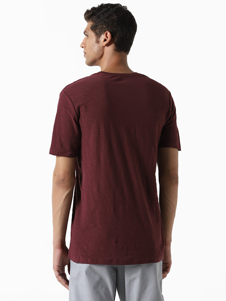 WES Casuals Plain Wine Cotton Slim-Fit T-Shirt