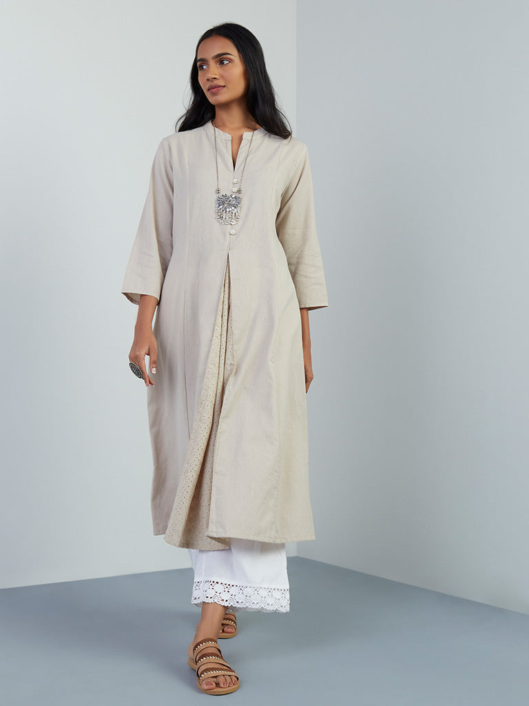 Utsa Beige Schiffli-Detailed A-Line Kurta for women full view - Westside