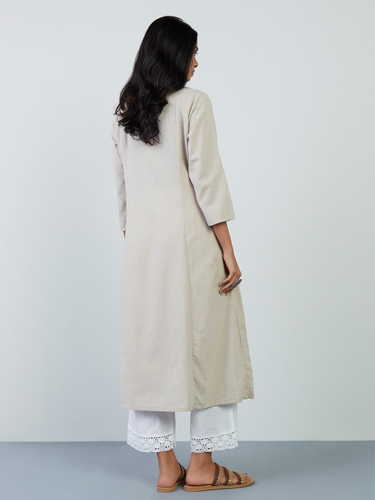 Utsa Beige Schiffli-Detailed A-Line Kurta for women back view - Westside