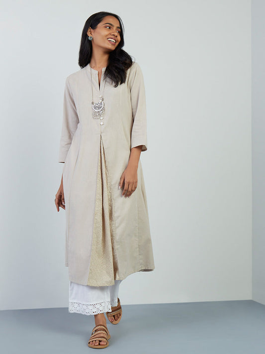 Utsa Beige Schiffli-Detailed A-Line Kurta for women full view - Westside