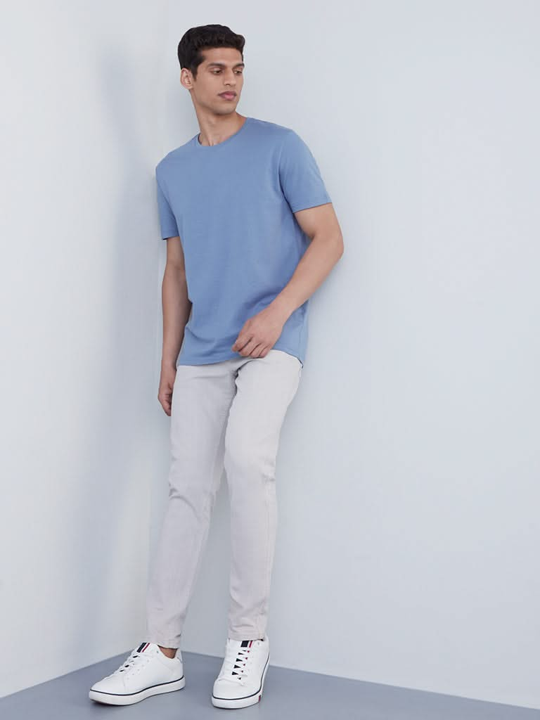 WES Casuals Blue Slim-Fit T-Shirt | Blue Slim-Fit T-Shirt for Men Full View - Westside