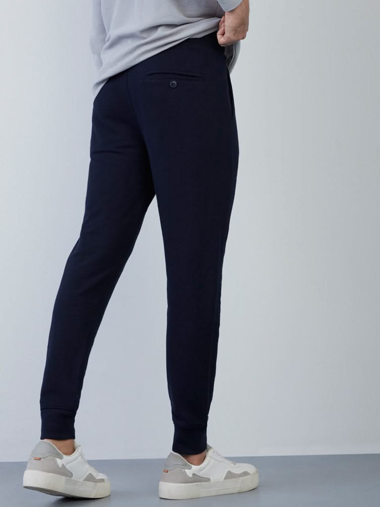 ETA Navy Knit-Textured Slim-Fit Joggers Back View 