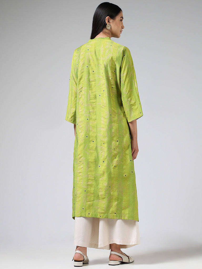 Utsa Lime Green Striped A-Line Kurta