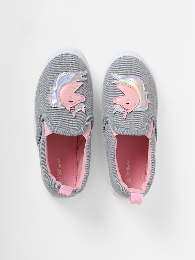 Yellow Denim Unicorn Slip On Shoes