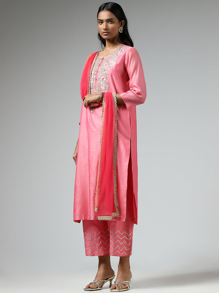 Vark Pink Embroidered Kurta, Chevron Striped Palazzos & Dupatta Set