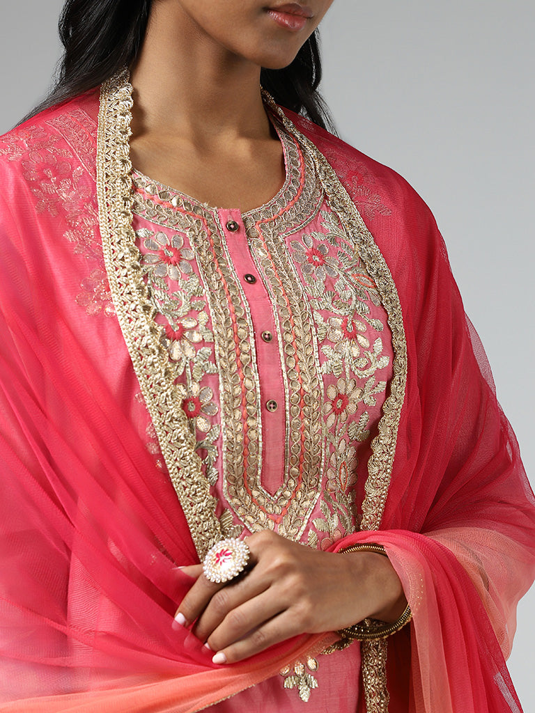 Vark Pink Embroidered Kurta, Chevron Striped Palazzos & Dupatta Set