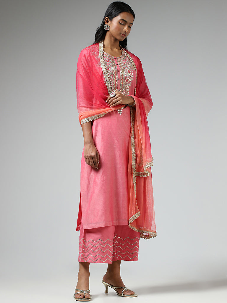 Vark Pink Embroidered Kurta, Chevron Striped Palazzos & Dupatta Set