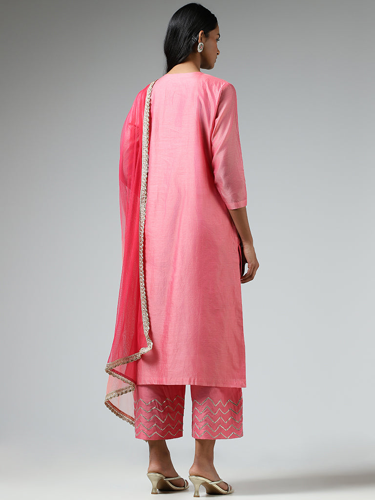 Vark Pink Embroidered Kurta, Chevron Striped Palazzos & Dupatta Set