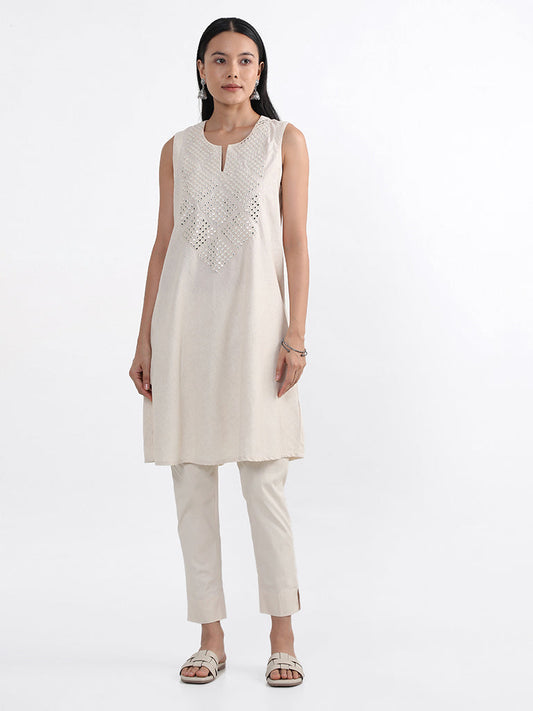 Utsa Off-White Mirror Embroidered Kurta