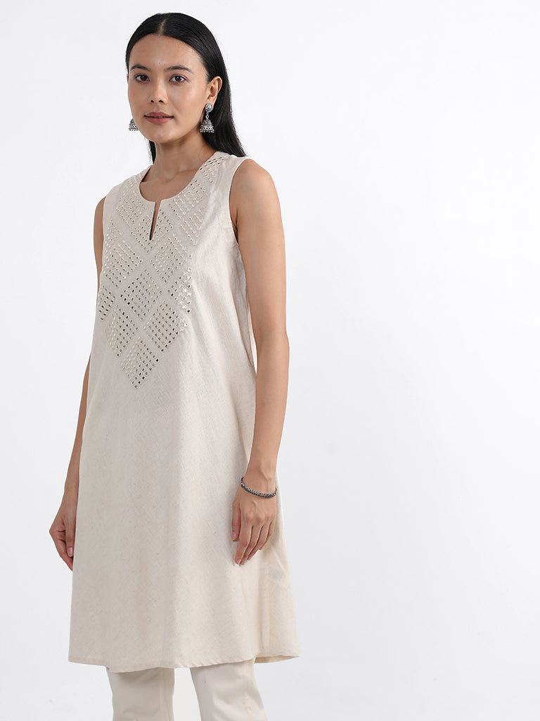 Utsa Off-White Mirror Embroidered Kurta