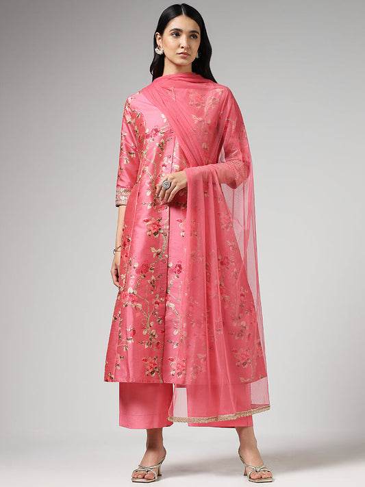 Vark Floral Print Light Pink Kurta with Palazzos & Dupatta