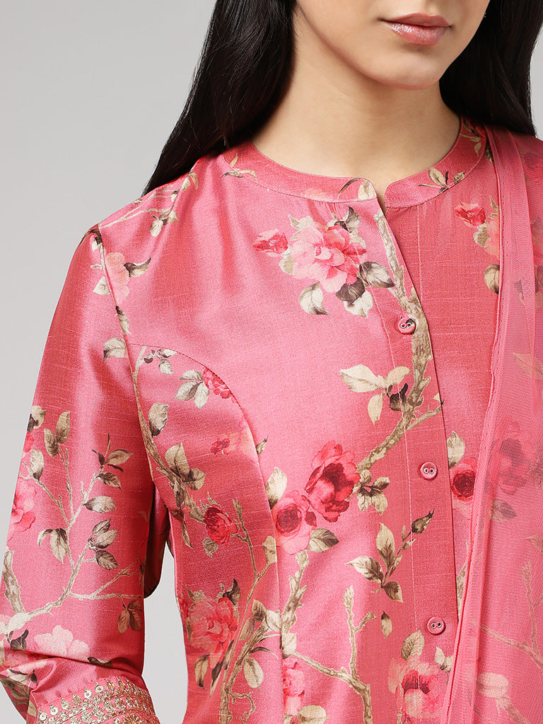 Vark Floral Print Light Pink Kurta with Palazzos & Dupatta