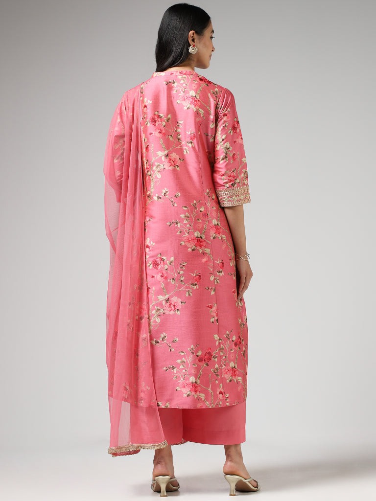 Vark Floral Print Light Pink Kurta with Palazzos & Dupatta