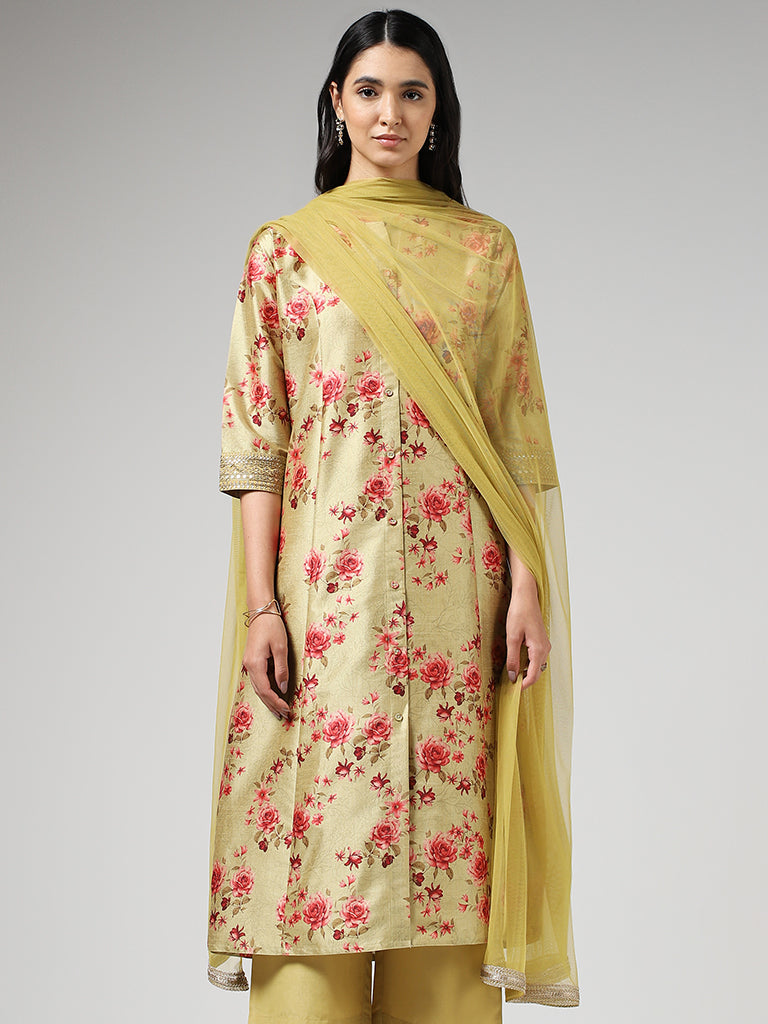 Vark Floral Printed Light Green Kurta with Palazzo & Dupatta