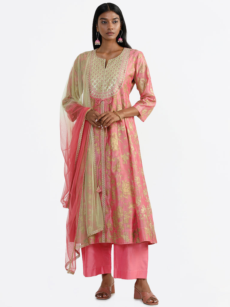 Vark Embroidered Yoke Pink Kurta, Palazzos & Dupatta Set