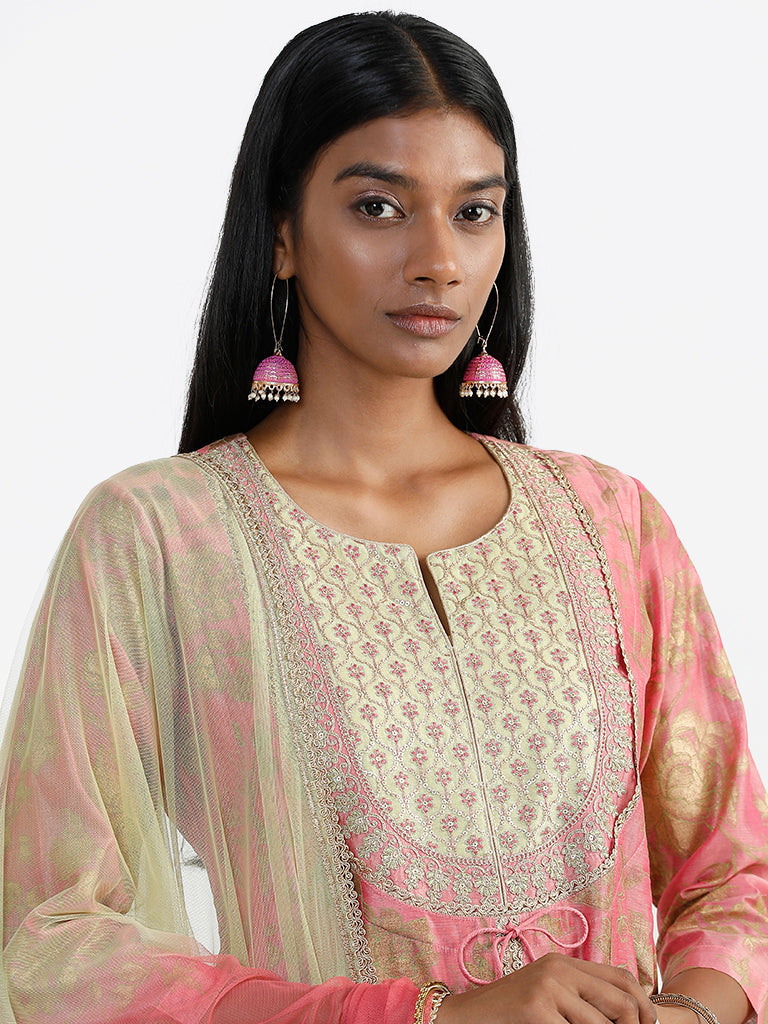 Vark Embroidered Yoke Pink Kurta, Palazzos & Dupatta Set