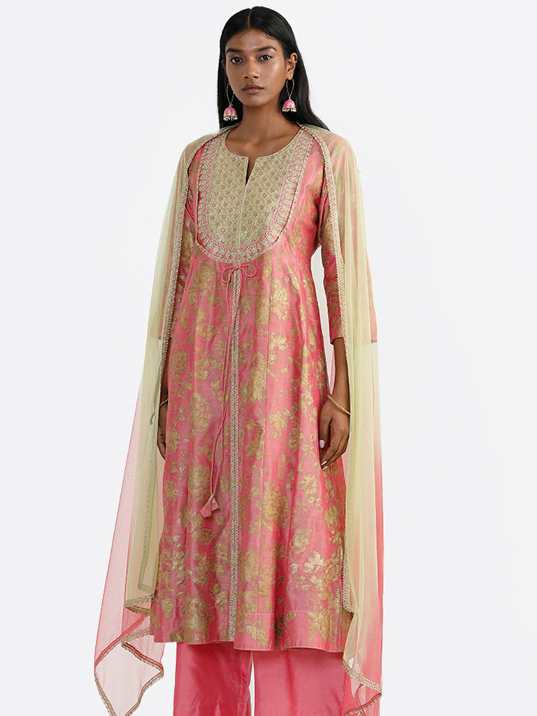 Vark Embroidered Yoke Pink Kurta, Palazzos & Dupatta Set