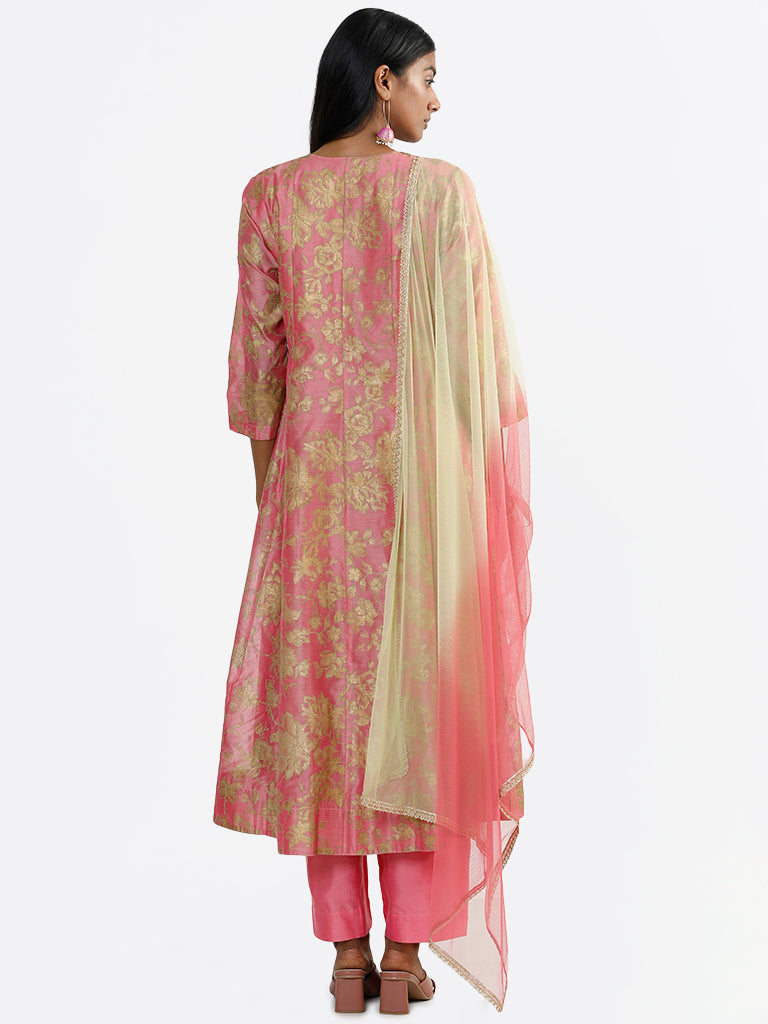 Vark Embroidered Yoke Pink Kurta, Palazzos & Dupatta Set