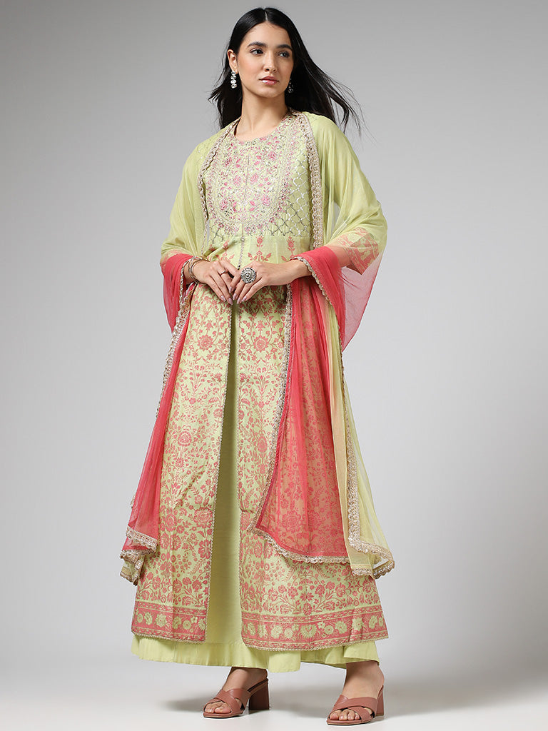 Vark Lime Green Embroidered Long Kurta, Skirt & Dupatta Set