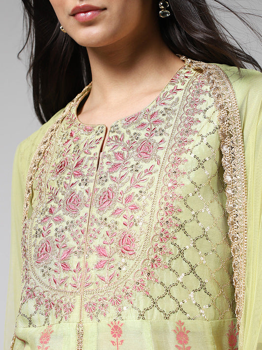 Vark Lime Green Embroidered Long Kurta, Skirt & Dupatta Set