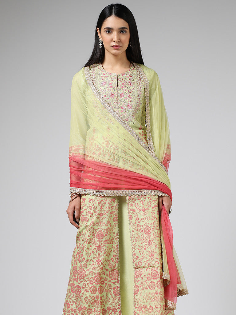 Vark Lime Green Embroidered Long Kurta, Skirt & Dupatta Set