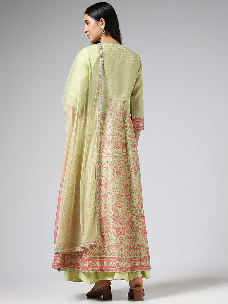 Vark Lime Green Embroidered Long Kurta, Skirt & Dupatta Set