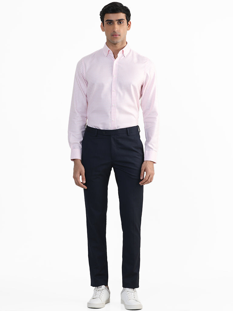 WES Formals Checked Pink Cotton Slim-Fit Shirt