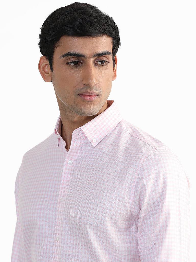 WES Formals Checked Pink Cotton Slim-Fit Shirt