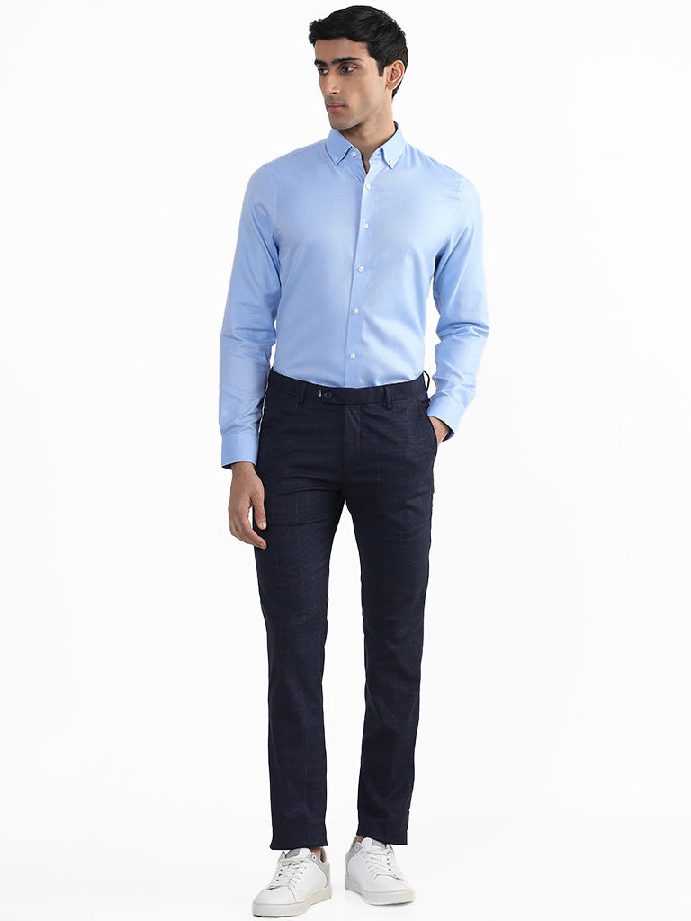 WES Formals Plain Blue Cotton Slim-Fit Shirt