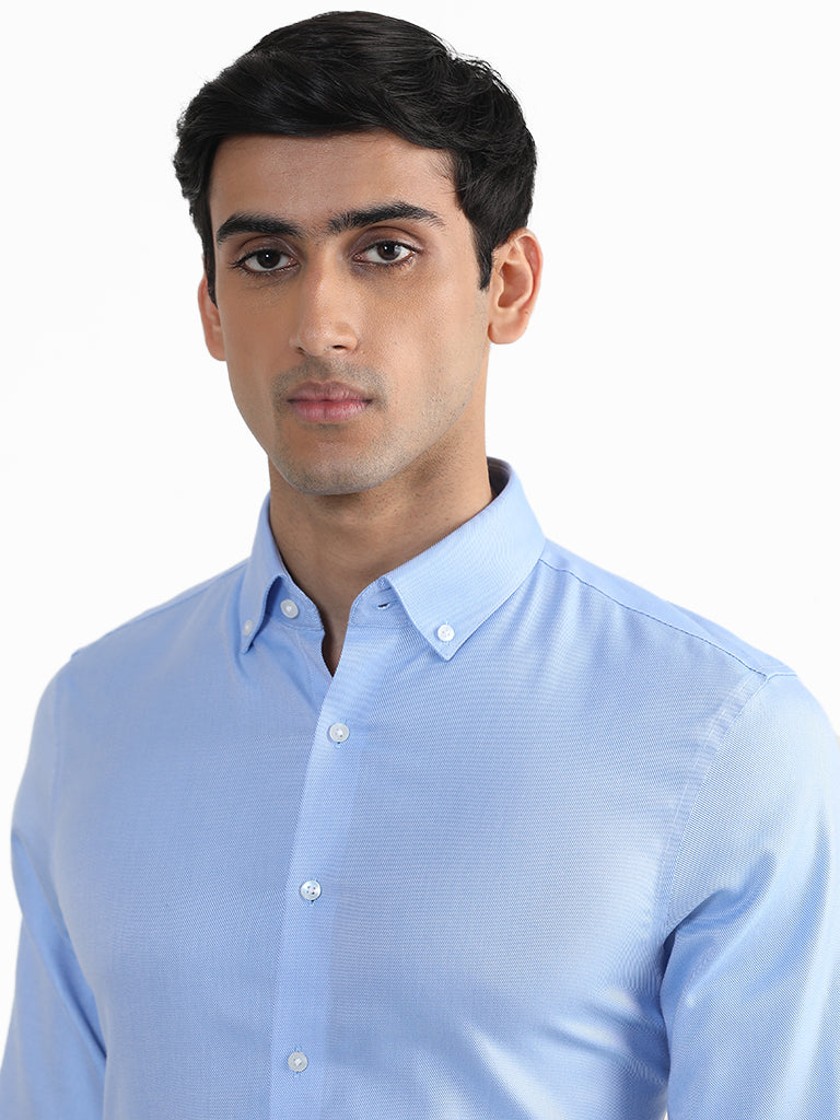 WES Formals Plain Blue Cotton Slim-Fit Shirt