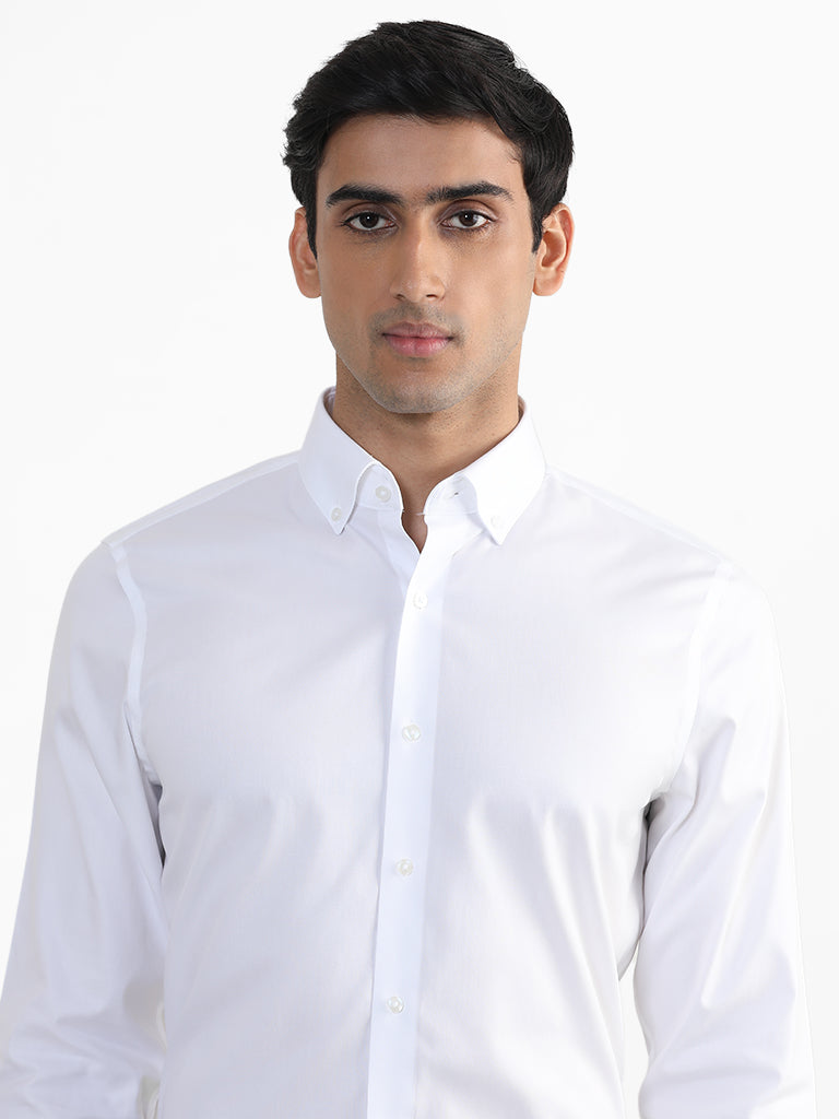 WES Formals Plain White Cotton Slim-Fit Shirt