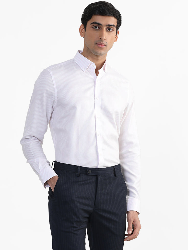 WES Formals Striped Light Pink Cotton Slim-Fit Shirt