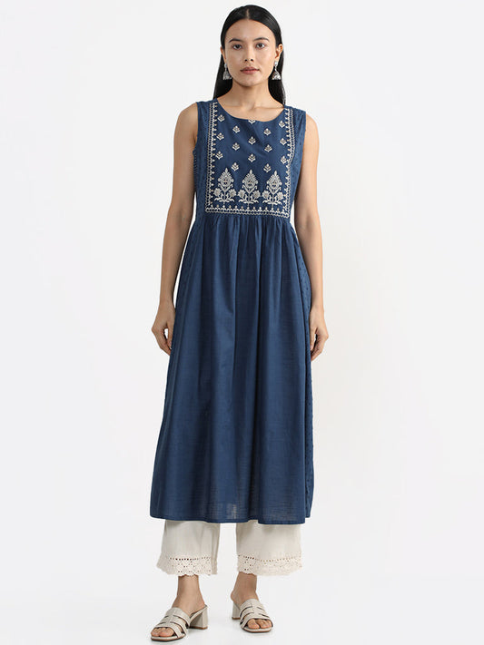 Utsa Indigo Embroidered Cotton Kurta