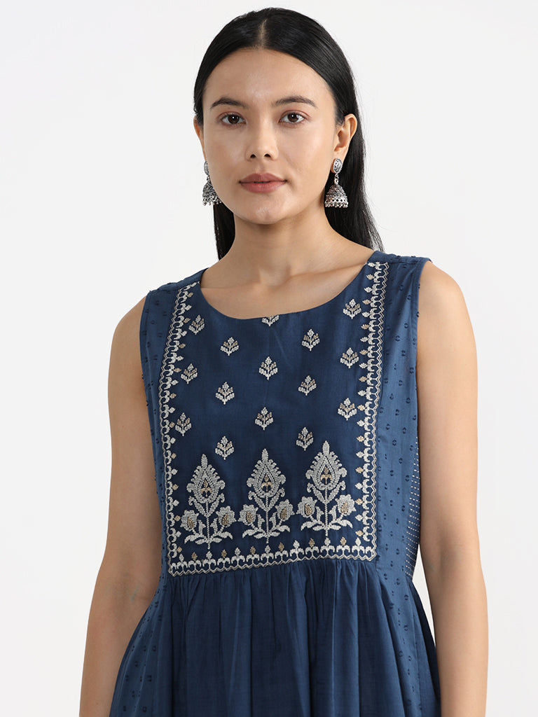 Utsa Indigo Embroidered Cotton Kurta