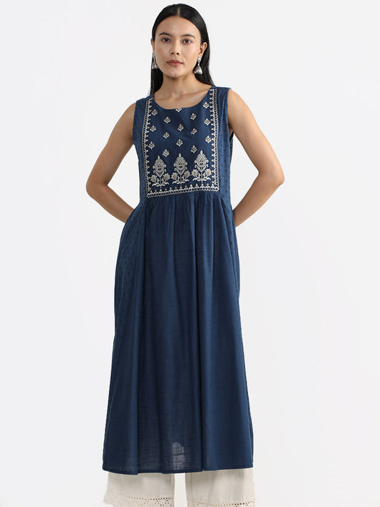 Utsa Indigo Embroidered Cotton Kurta